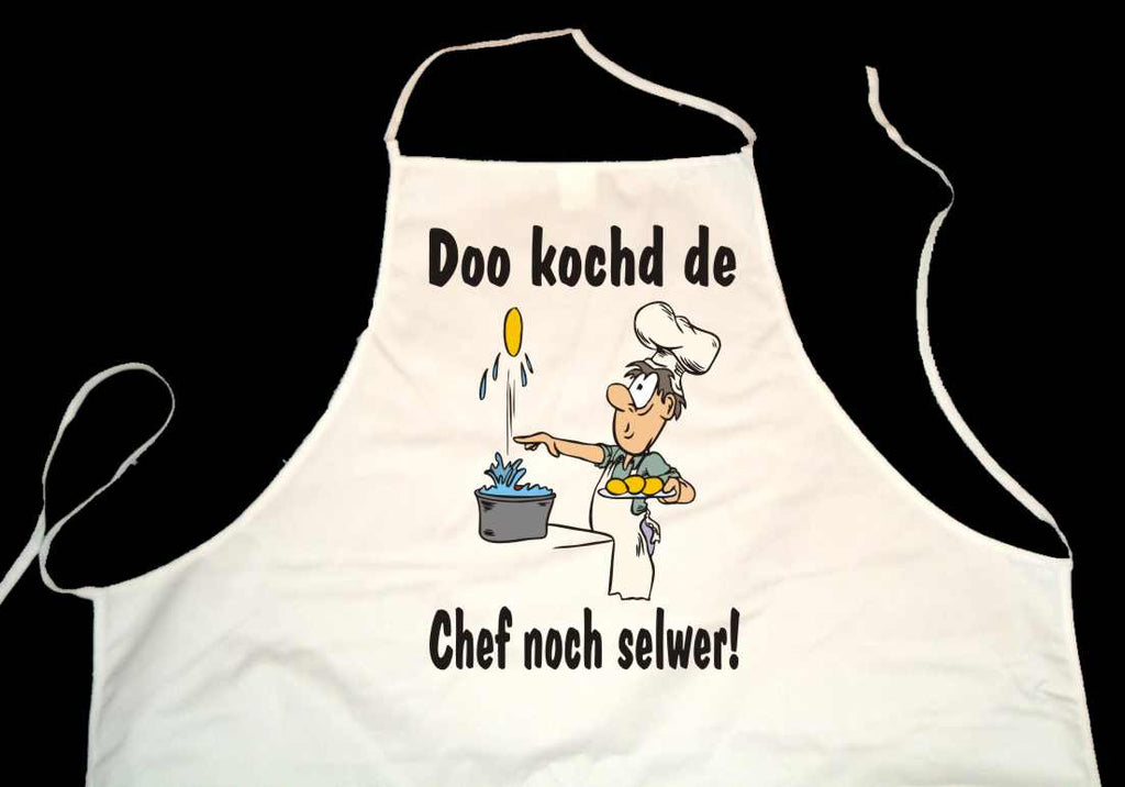 DOO KOCHD DE CHEF NOCH SELWER; Grillschürze (Latzschürze, Kochschürze), weiß